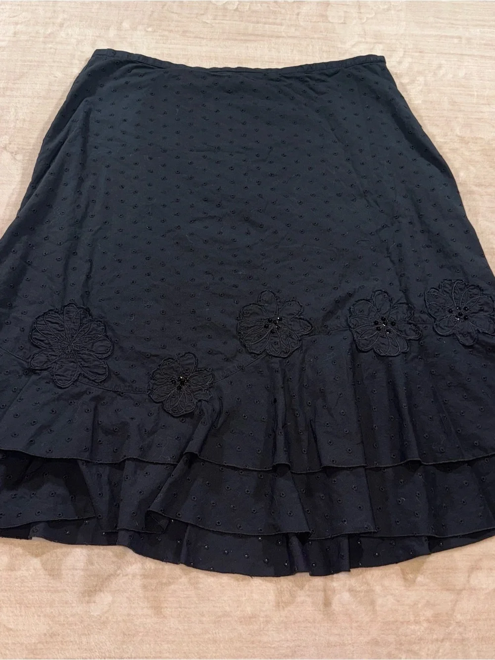 Koret Black A-Line Skirt with Floral Appliqués and Tiered Ruffle Hem